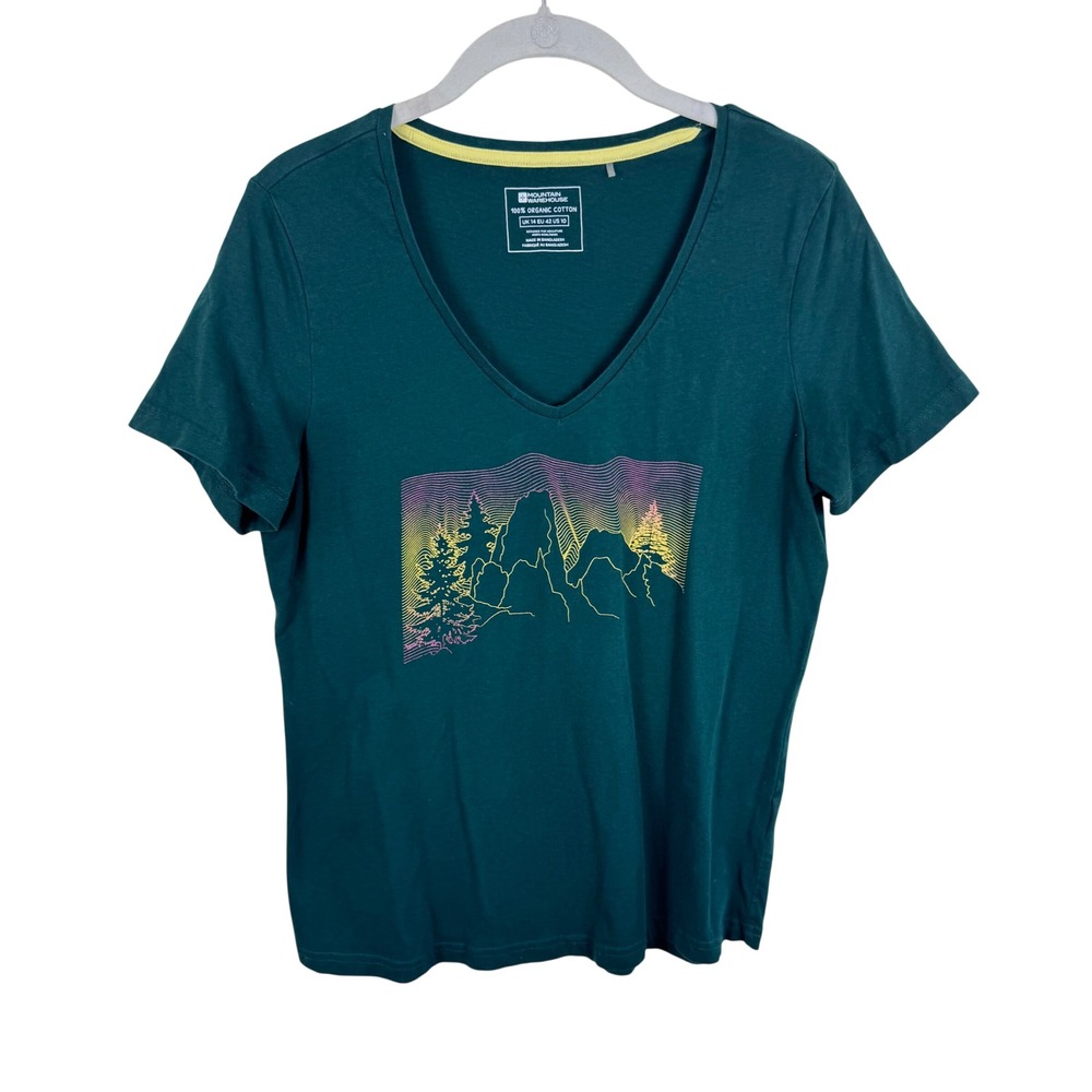 Mountain Warehouse Womens Green Organic Cotton Graphic V-Neck Tee Size 10 Medium